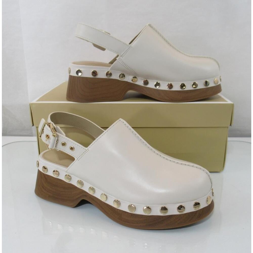 Michael Kors Size 7 Esra Clog Mule Studded Slingback Strap Buckle Cream Leather - Picture 3 of 9
